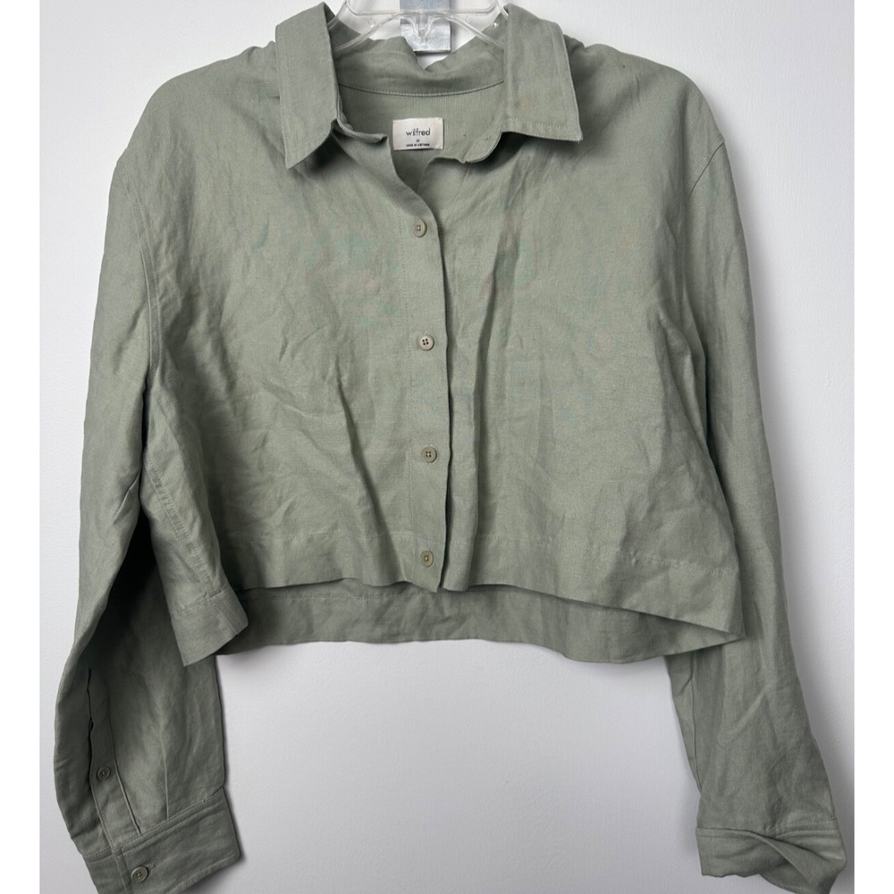 Wilfred Women M Green Relaxed Boxy Cropped Proposal Linen Blend Shirt LS D30